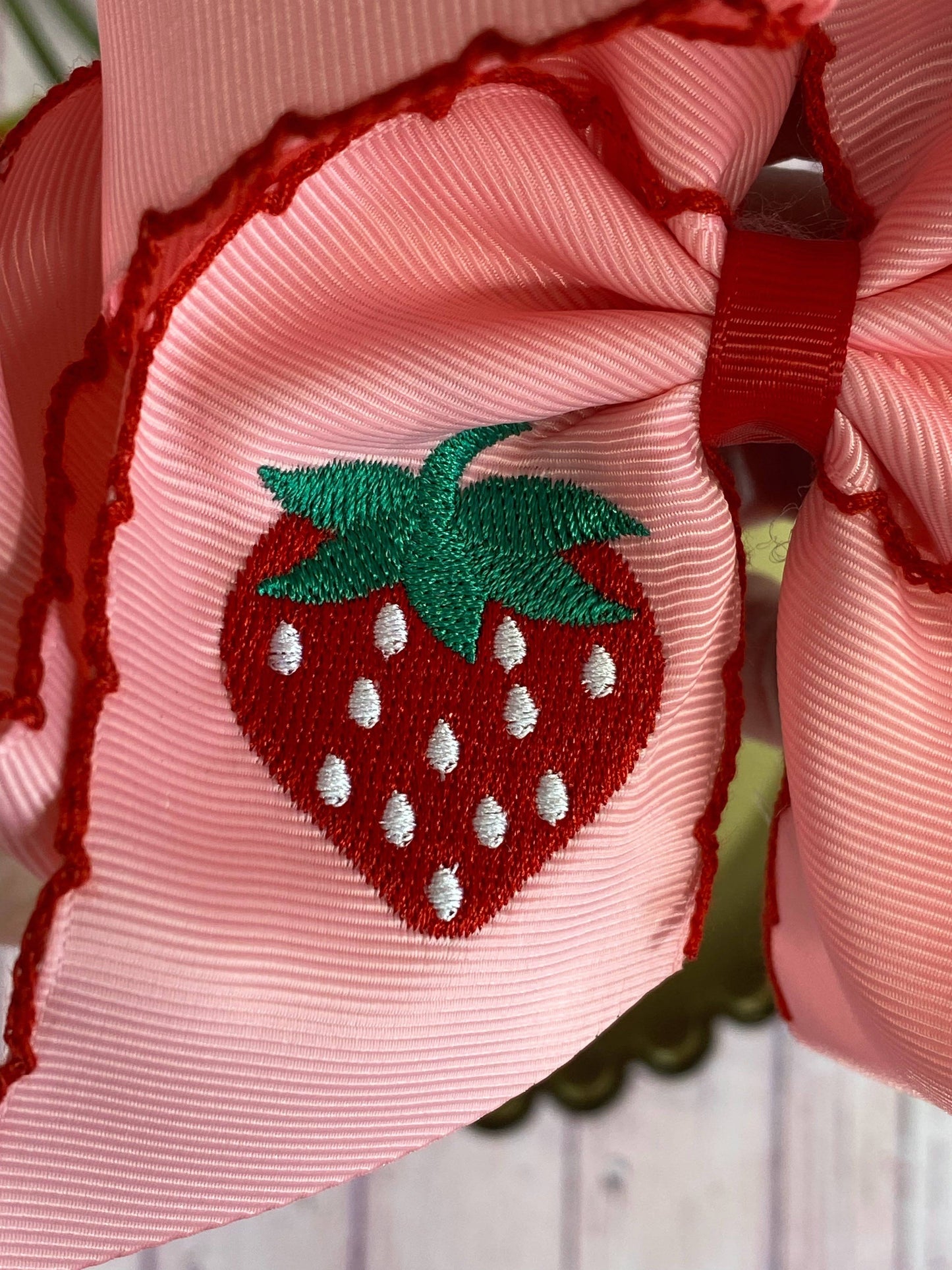 Hair Bow Strawberry Embroidered Moonstitch