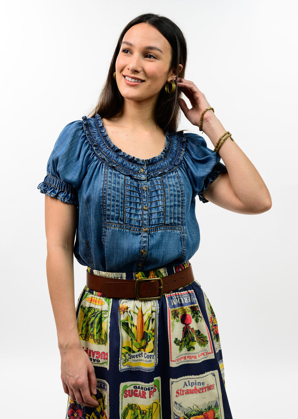 Ivy Jane Top Denim Ruffled Neck Indigo