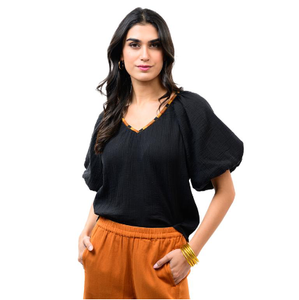 Ivy Jane Top Embroidered Neck Black