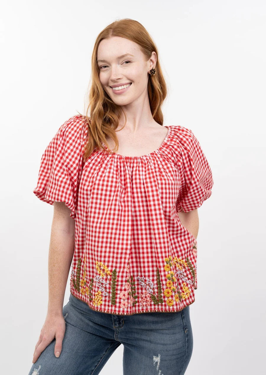 red gingham Ivy Jane top with floral embroidery 