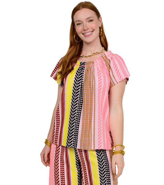 tribal pattern top with pink, black brown and yellow 
