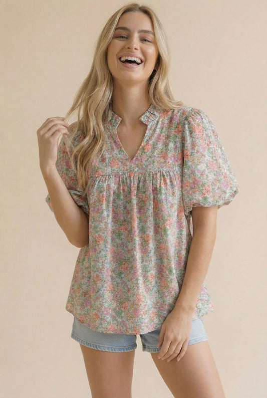 TOP Frilled Notch Neck Yoke Floral Plus