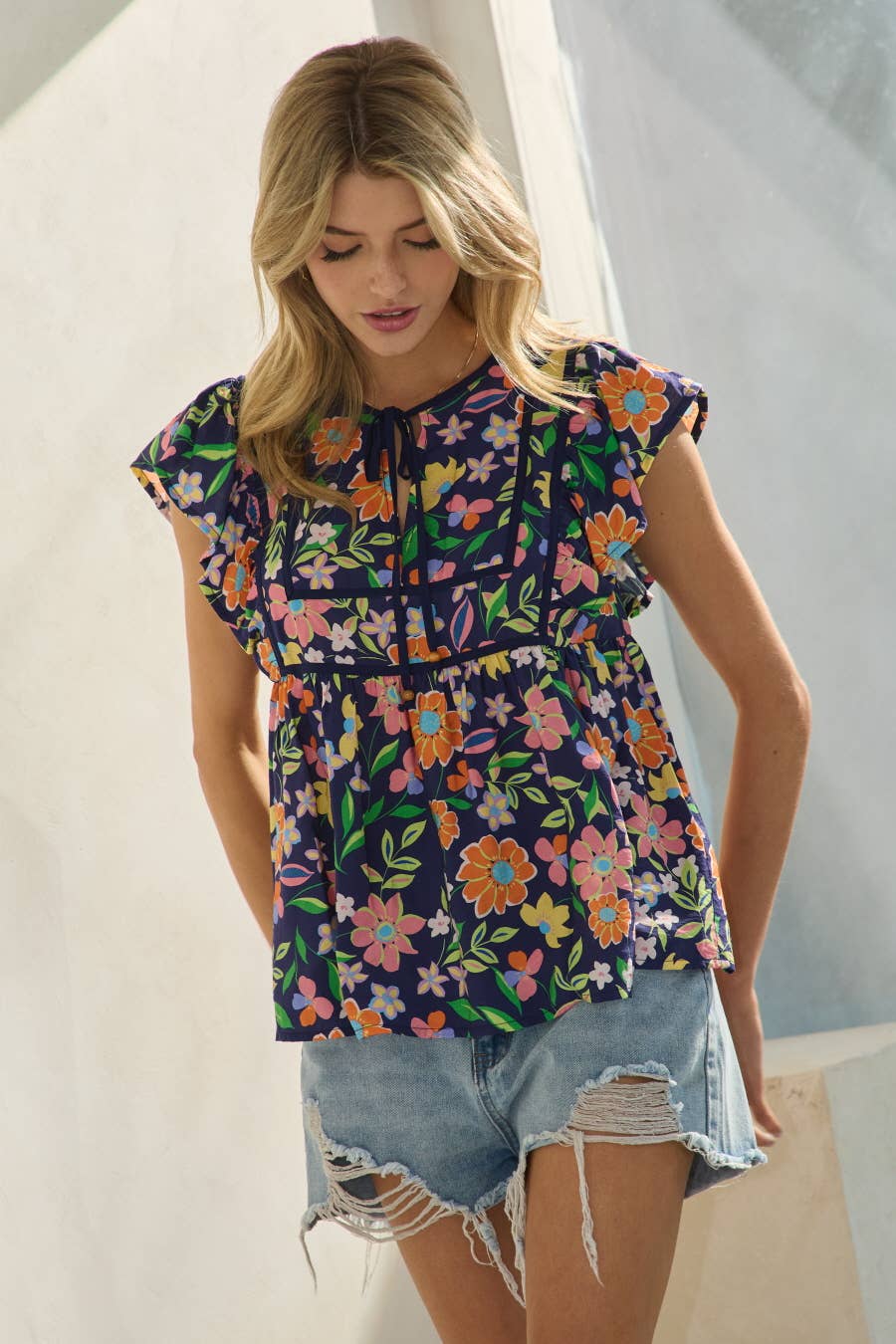 Blouse Floral Flutter Plus Sleeve Multi Colored