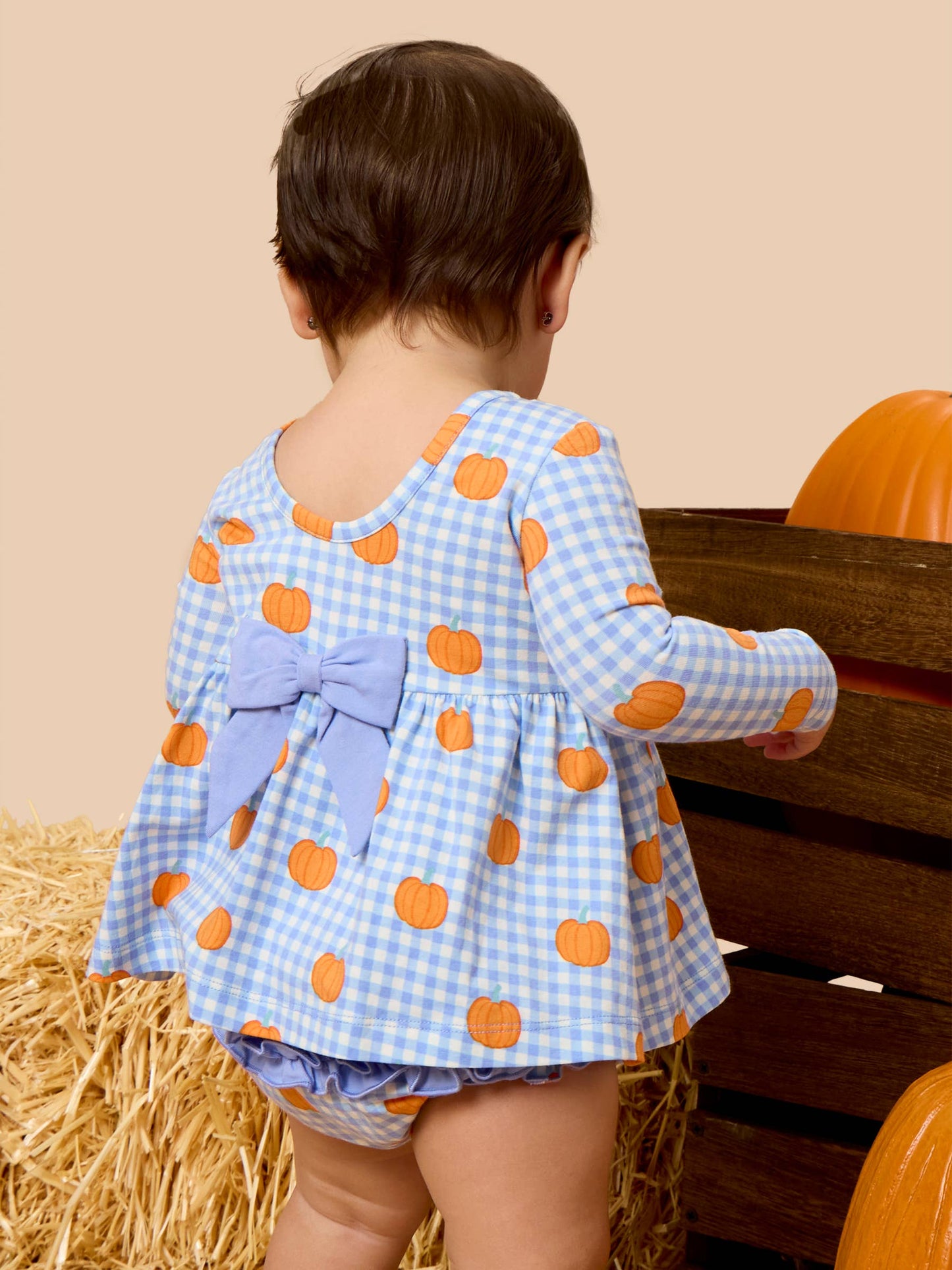 Top Bloomer Set Baby Pumpkin Patch Gingham Knit Long Sleeve Twirl Top & Ruffle Bloomer Girls