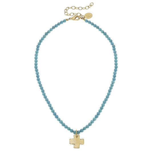 Necklace Cross Gold on Turquoise Beaded