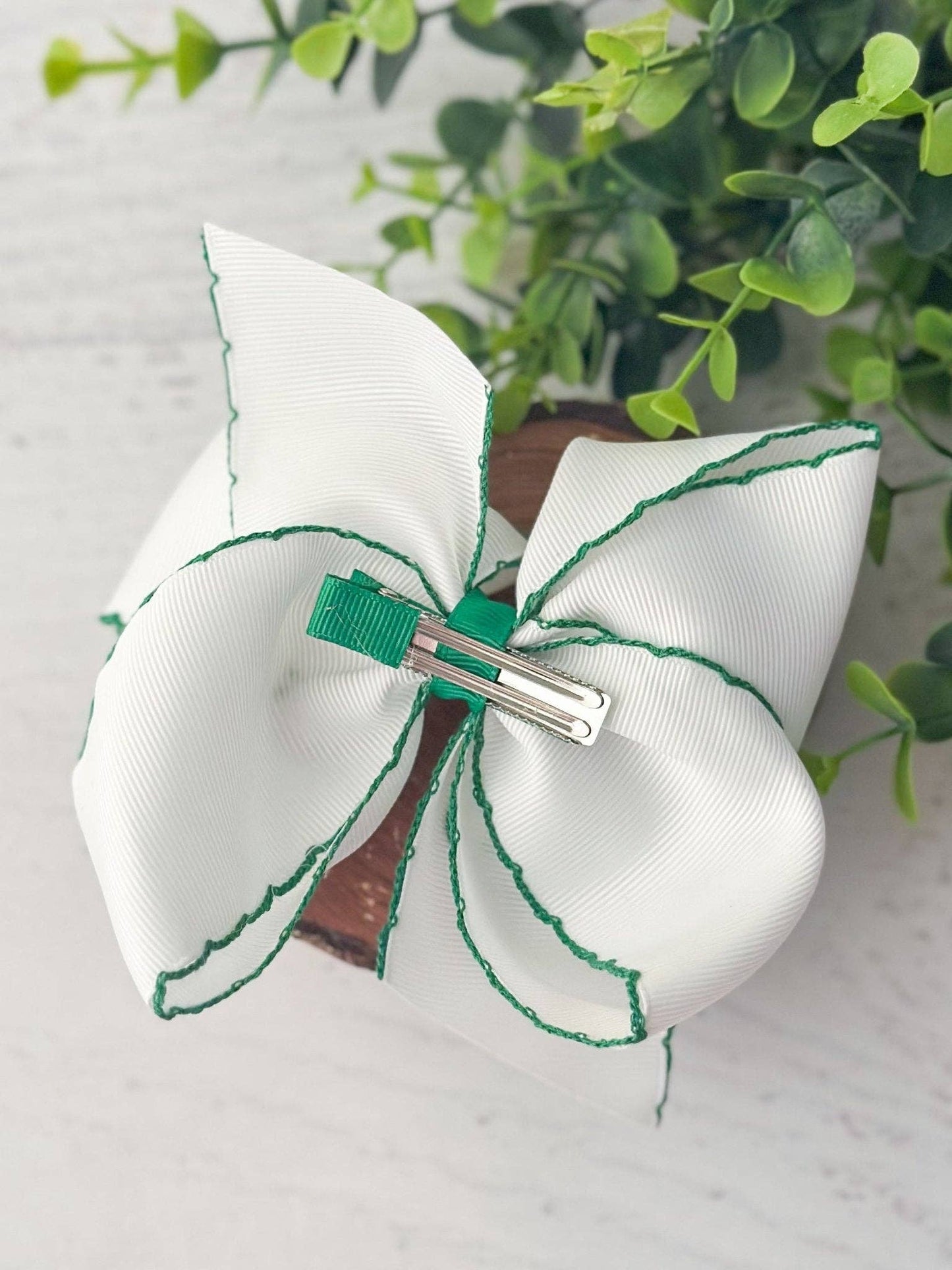 Hair Bow Shamrock Moonstitch Embroidered