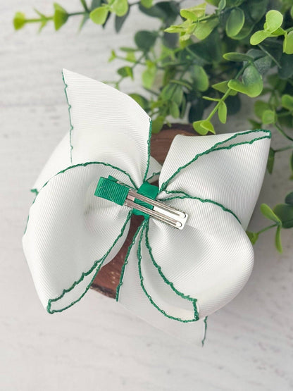 Hair Bow Shamrock Moonstitch Embroidered