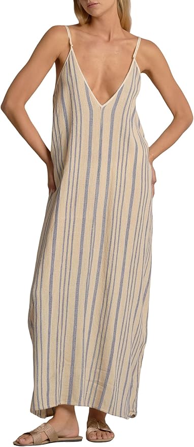 beige spaghetti strap dress with v neck 