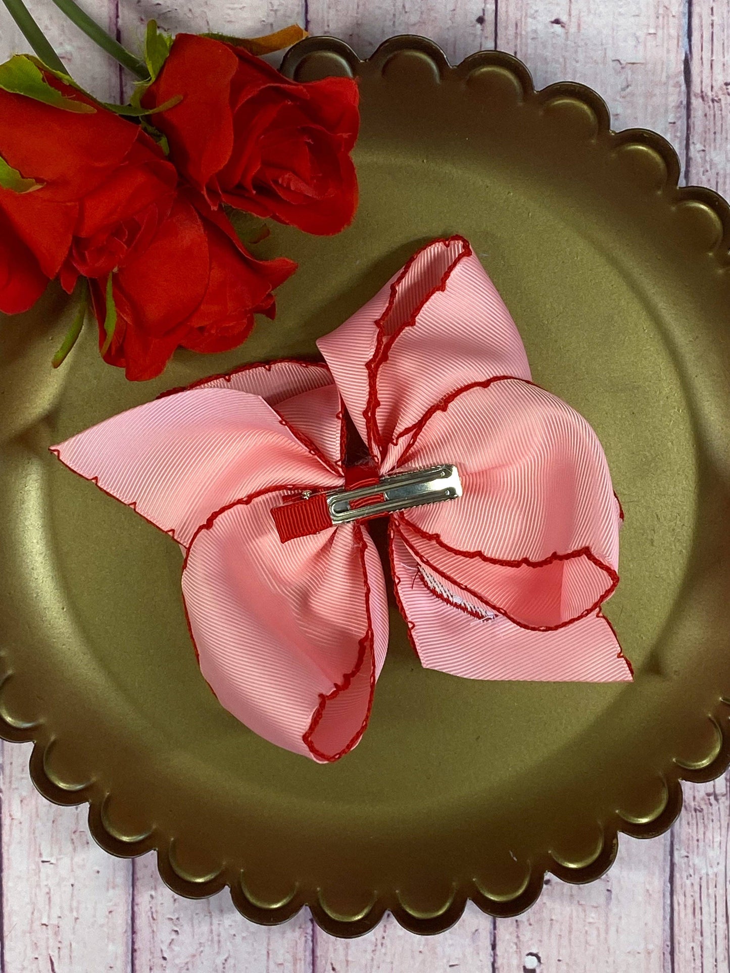 Hair Bow Strawberry Embroidered Moonstitch