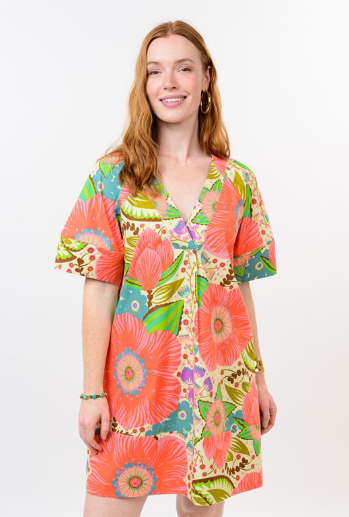 Uncle Frank DRESS BOLD FLORAL SHIFT CORAL