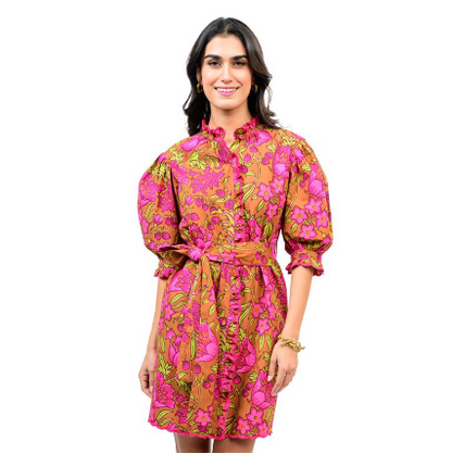 brown and pink floral dress