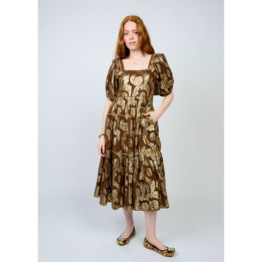 brown dress with gold metallic pattern 