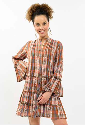 Uncle Frank DRESS MULTI TIERED PLAID BROWN