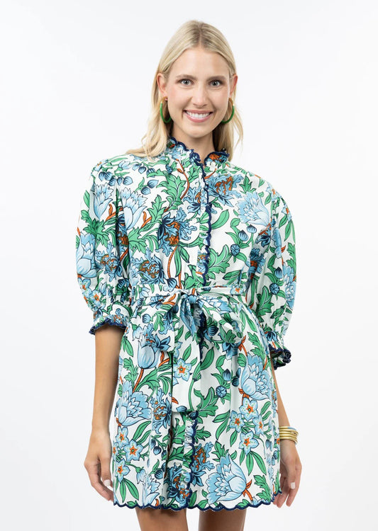 green and teal floral self tie dress