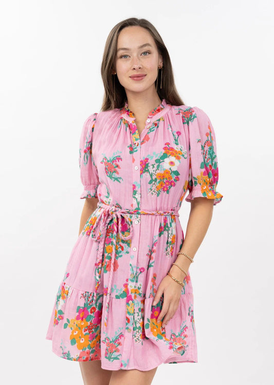 pink floral dress with self tie waist