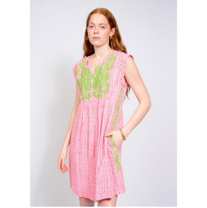 pink dress with green embroidery 