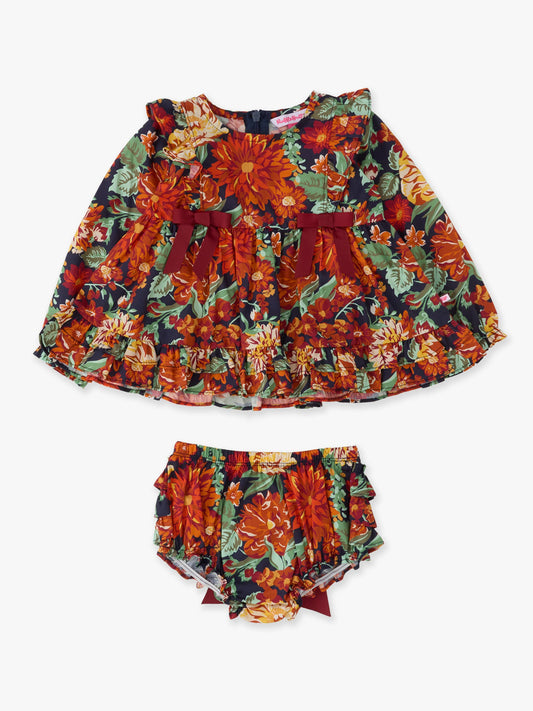 Top Bloomer Set Baby Autumn Blooms Woven Long Sleeve Waterfall Bow Swing Top & Ruffle Bloomer Girls