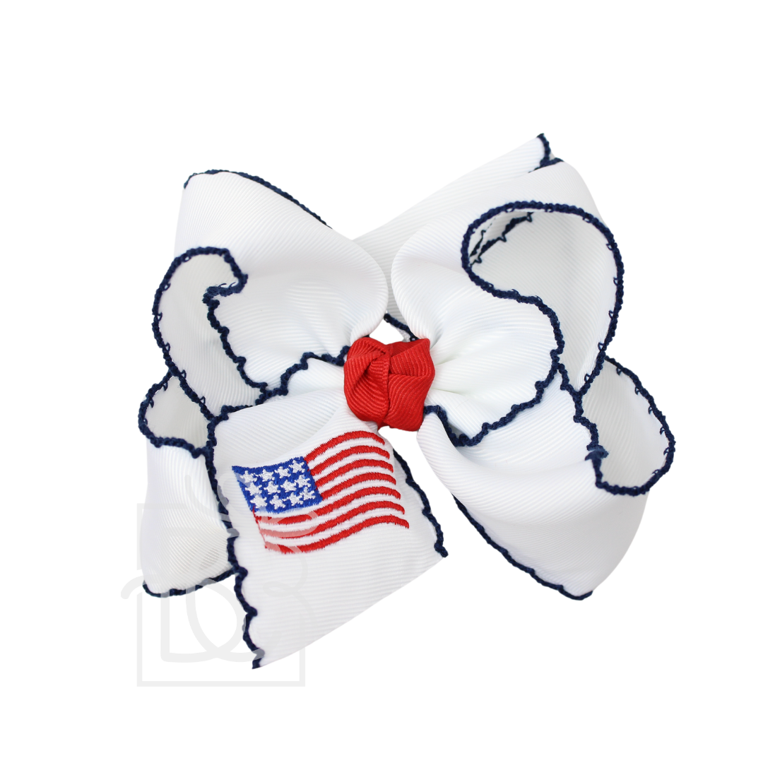 Hair Bow PATRIOTIC EMBROIDERED CROCHET EDGE BOW