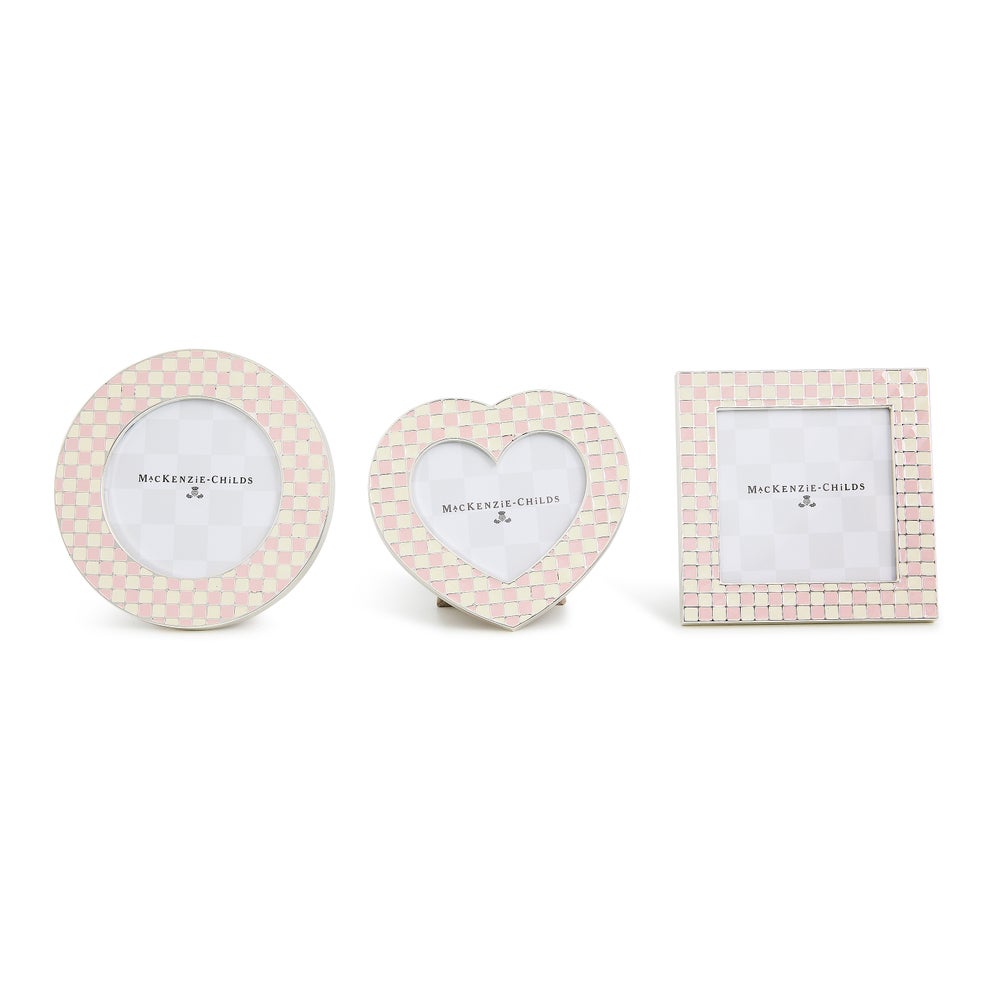 pink check frames in the shape of a heart, circle, or square 