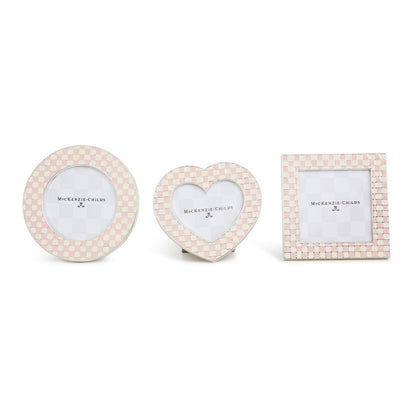 pink check frames in the shape of a heart, circle, or square 