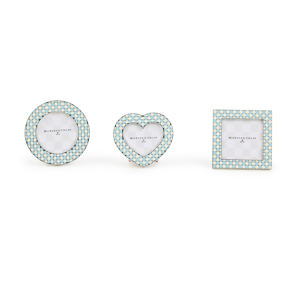 blue and white check frames in the shape of a heart, circle, or square