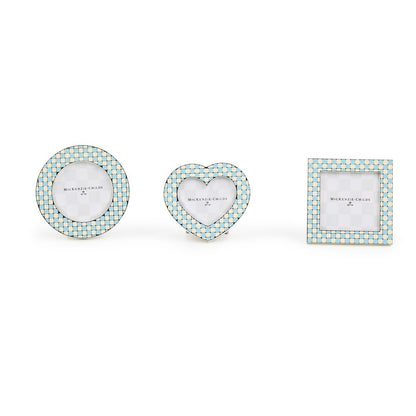 blue and white check frames in the shape of a heart, circle, or square