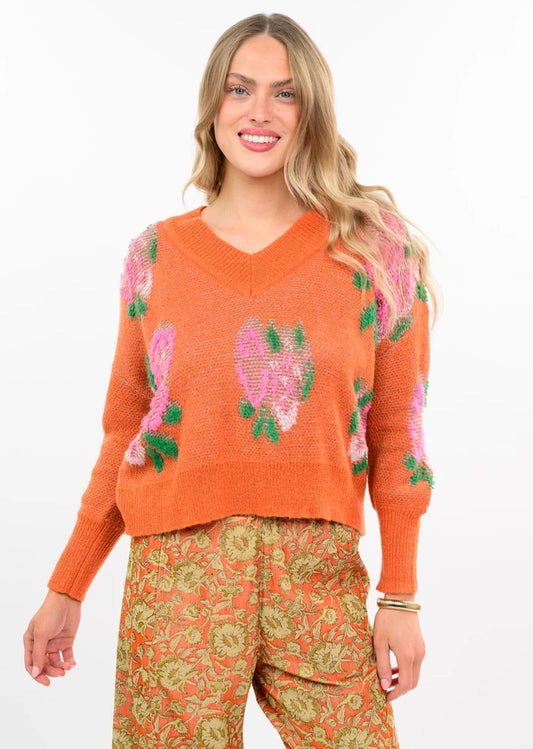 Ivy Jane TOP 3D FLORAL SWEATER TANGERINE