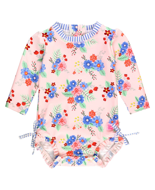 Swimsuit Coastal Breeze Floral Long Sleeve One Piece Rash Guard with Signature Rear Ruffles Baby Girls