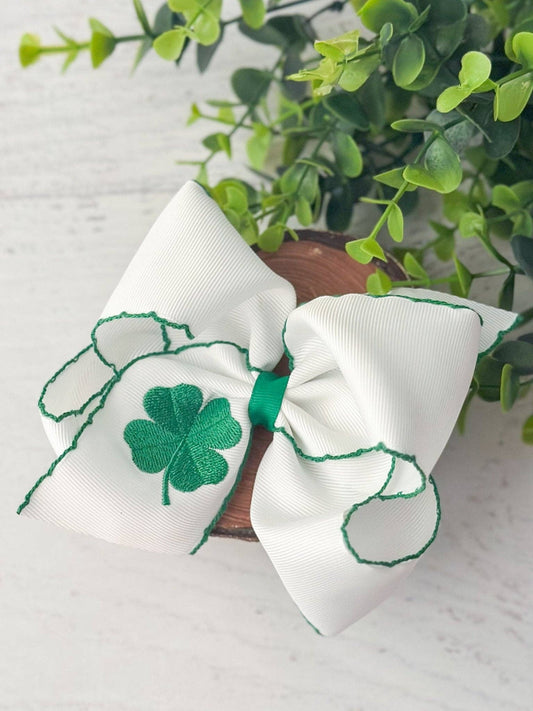Hair Bow Shamrock Moonstitch Embroidered
