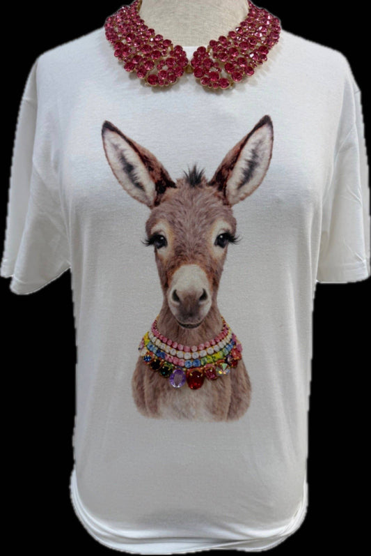 Tee Donkey Jeweled Collar White Crew Western