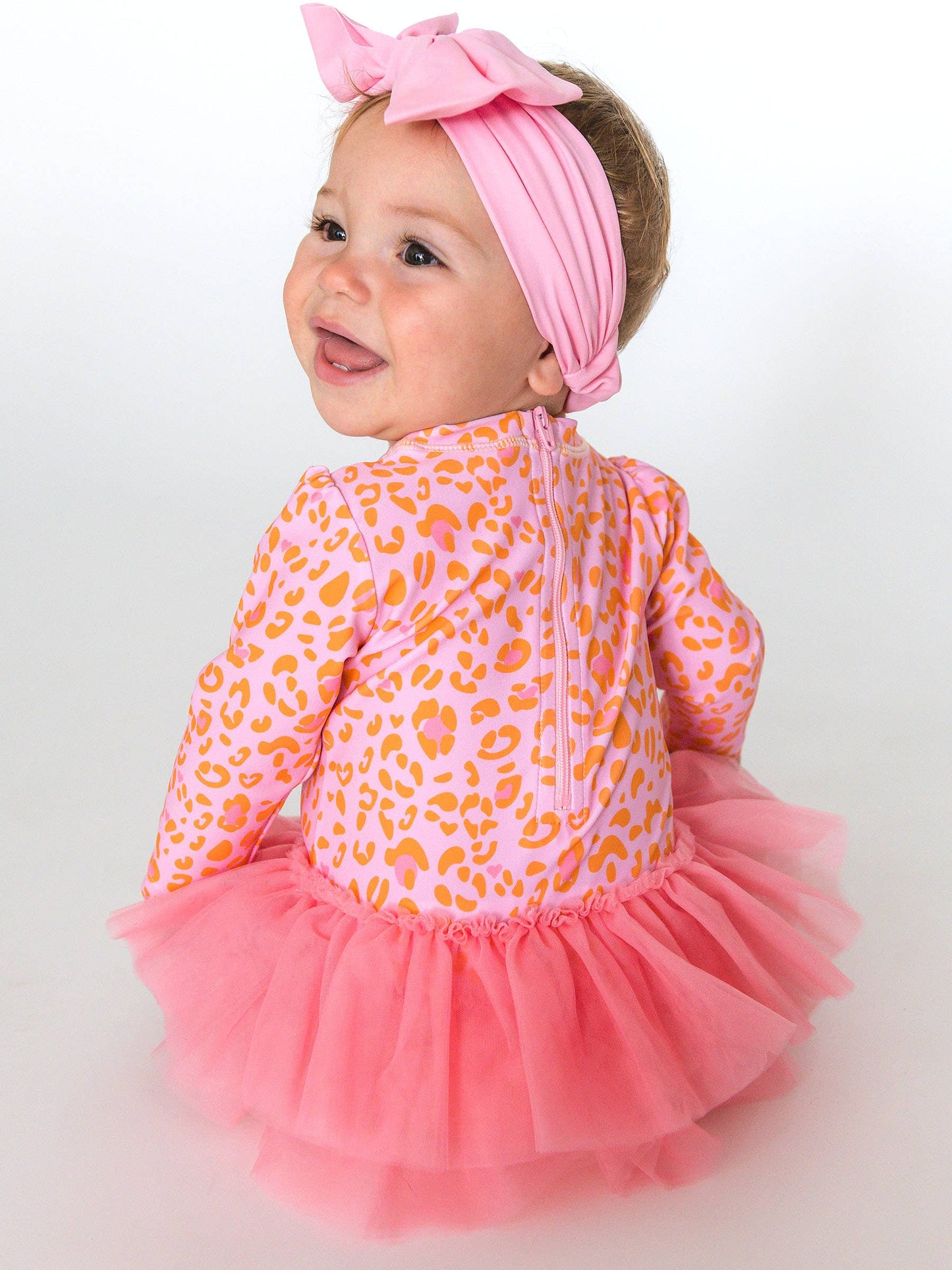Swimsuit Pink Leopard Tulle Skirted One Piece Rash Guard Baby Girls