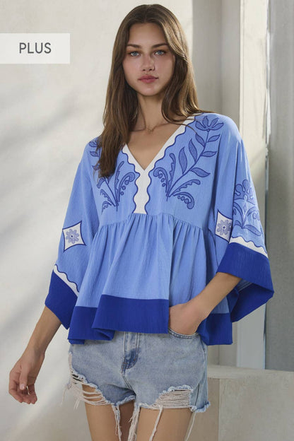 Top Embroidered Plunge V Neck Plus (Extended Size)