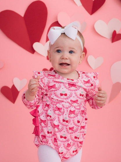 Romper Love You Cherry Much Knit Long Sleeve Flutter Bubble Baby Girls