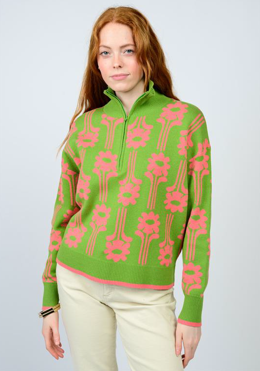 green high neck half zip sweater with pink floral design 