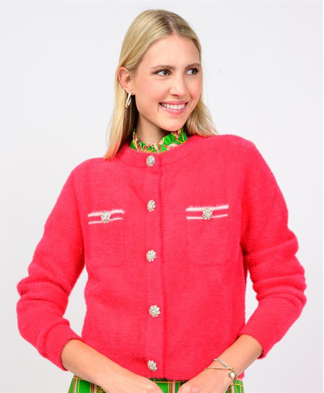 red cardigan with rhinestone buttons