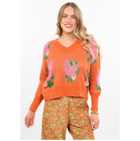 Ivy Jane TOP 3D FLORAL SWEATER TANGERINE
