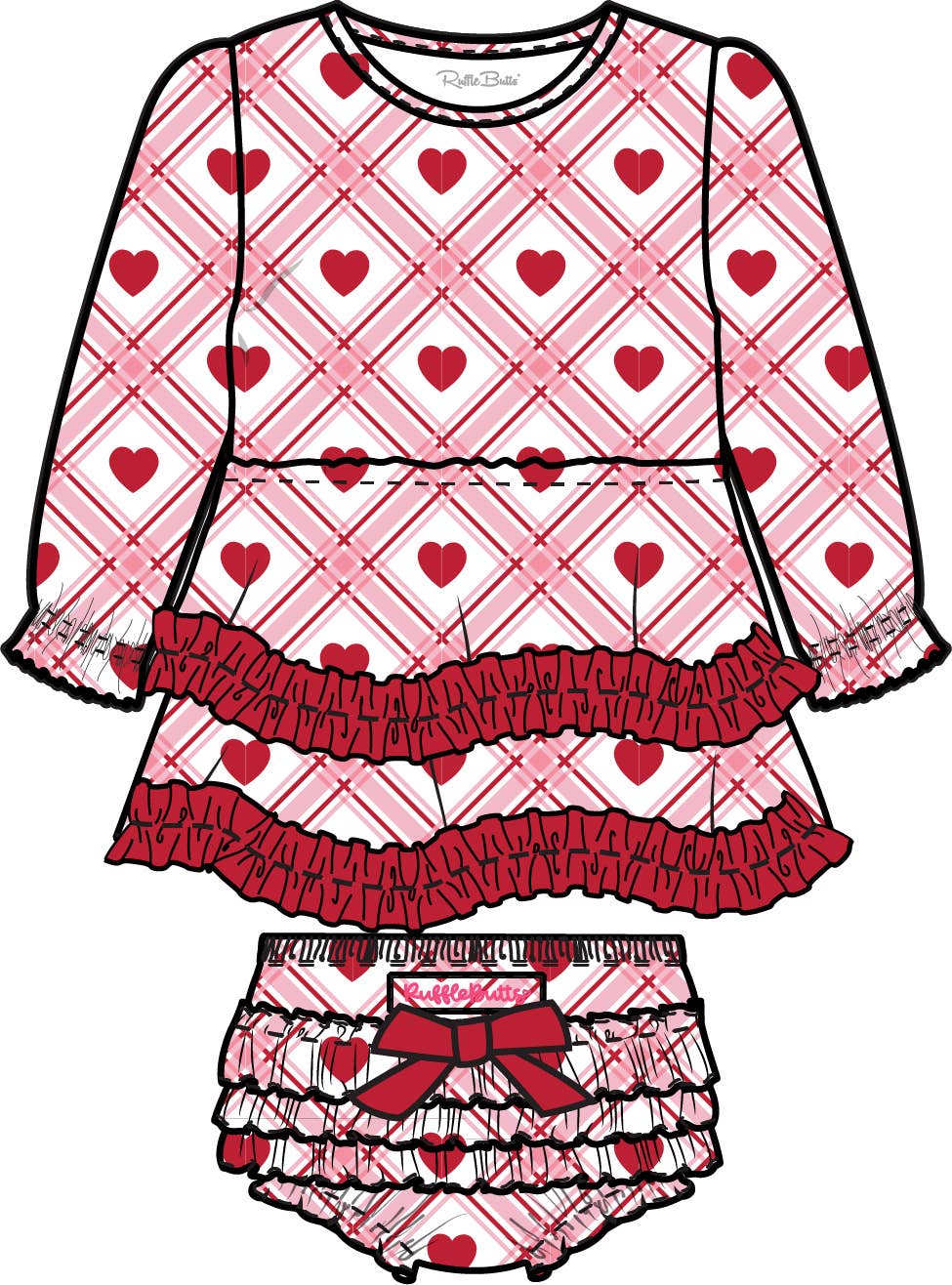 Top & Bloomer Set Pink Sweetheart Plaid Cotton Gauze Long Sleeve Tiered Ruffle Swing Baby Girls