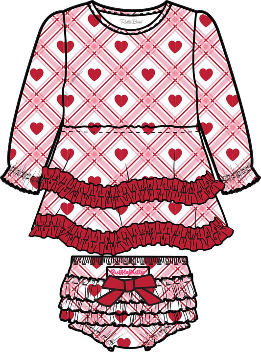 Top & Bloomer Set Pink Sweetheart Plaid Cotton Gauze Long Sleeve Tiered Ruffle Swing Baby Girls