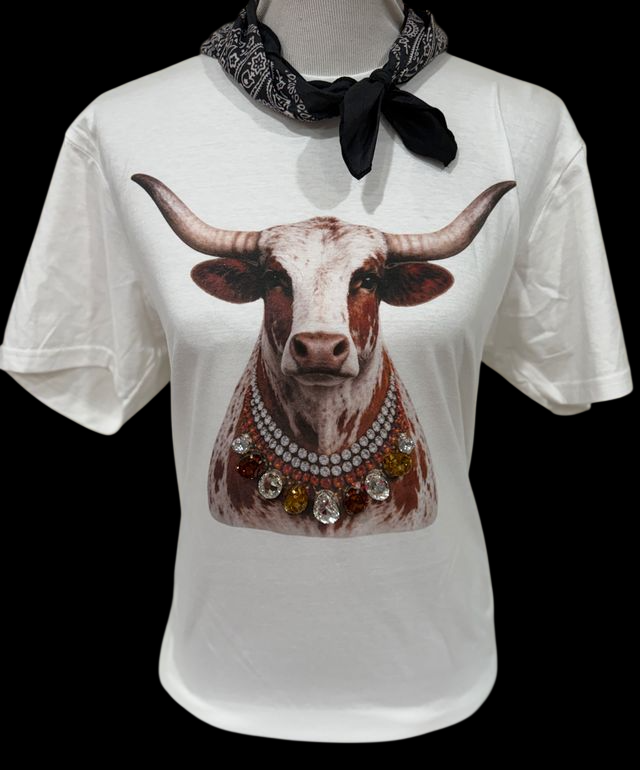 Tee Longhorn Jeweled Collar on White Crew