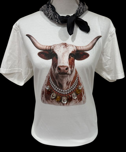 Tee Longhorn Jeweled Collar on White Crew