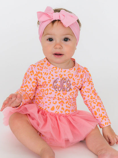 Swimsuit Pink Leopard Tulle Skirted One Piece Rash Guard Baby Girls