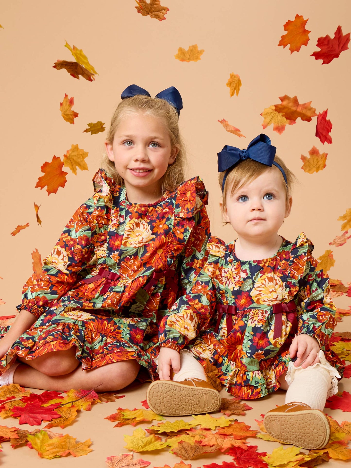 Top Bloomer Set Baby Autumn Blooms Woven Long Sleeve Waterfall Bow Swing Top & Ruffle Bloomer Girls