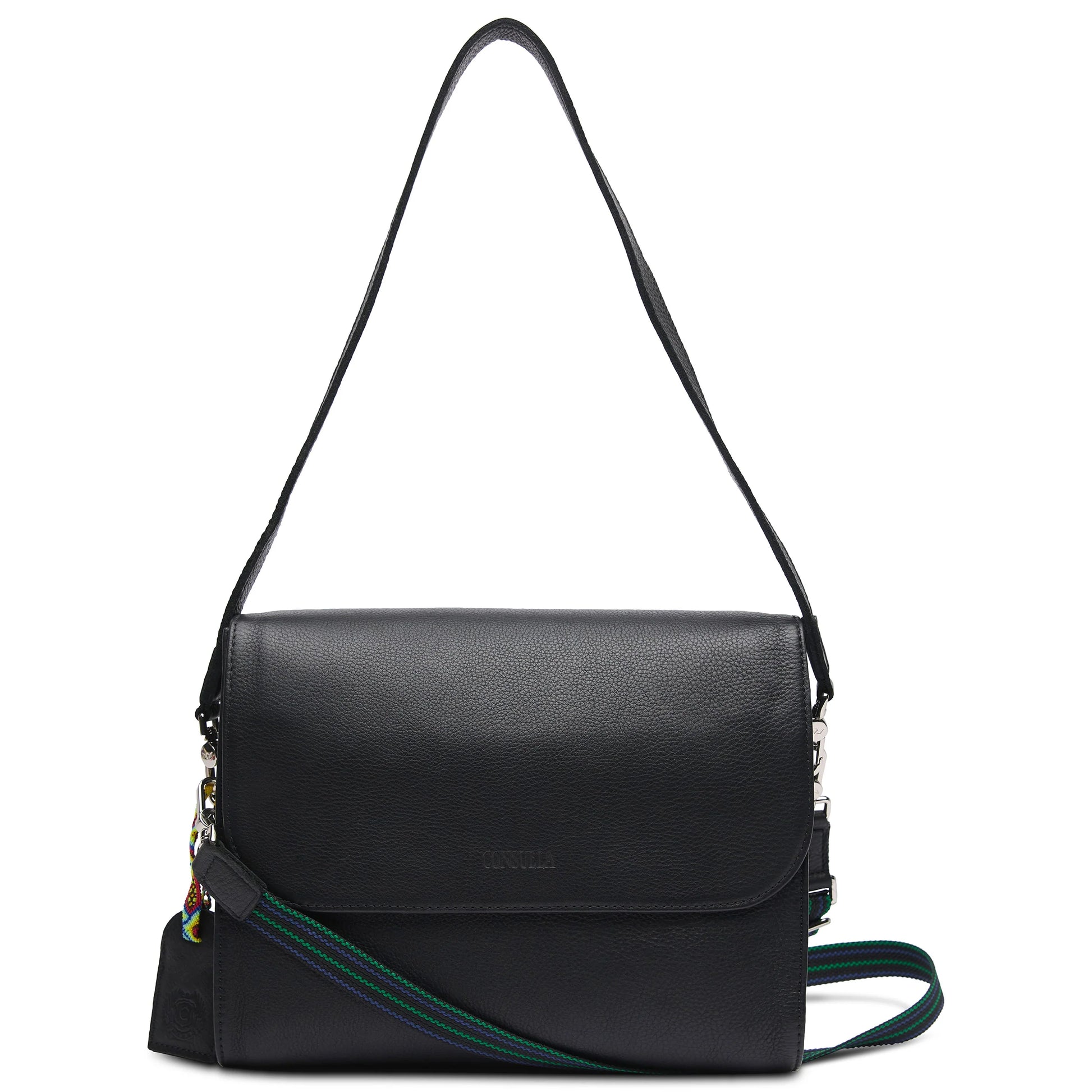 Evie on the town messenger bag consuela, black messenger back, black leather crossbody bag 