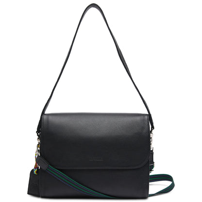 Evie on the town messenger bag consuela, black messenger back, black leather crossbody bag 