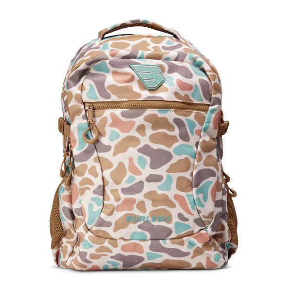 tan and blue camo backpack 