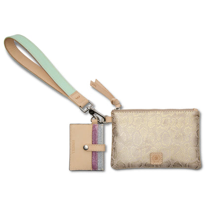 Leah combi consuela wallet, snakeskin wristlet wallet, gold wristlet wallet 