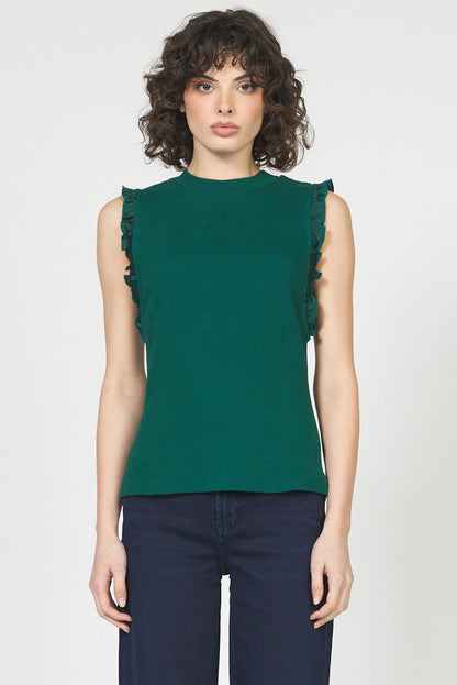 green sleeveless top with ruffles