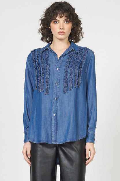 denim top with ruffles