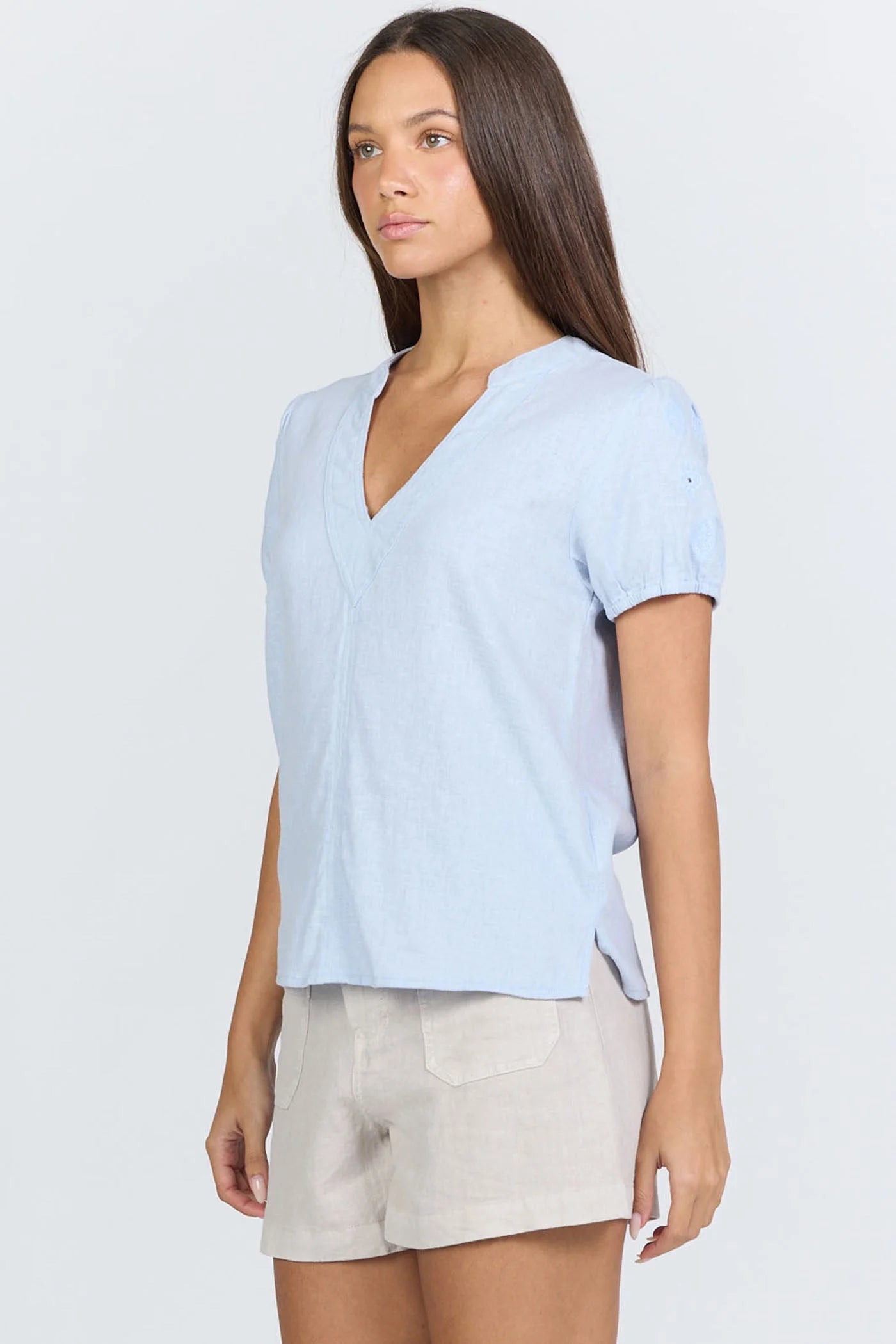 light blue top with embroidered sleeves