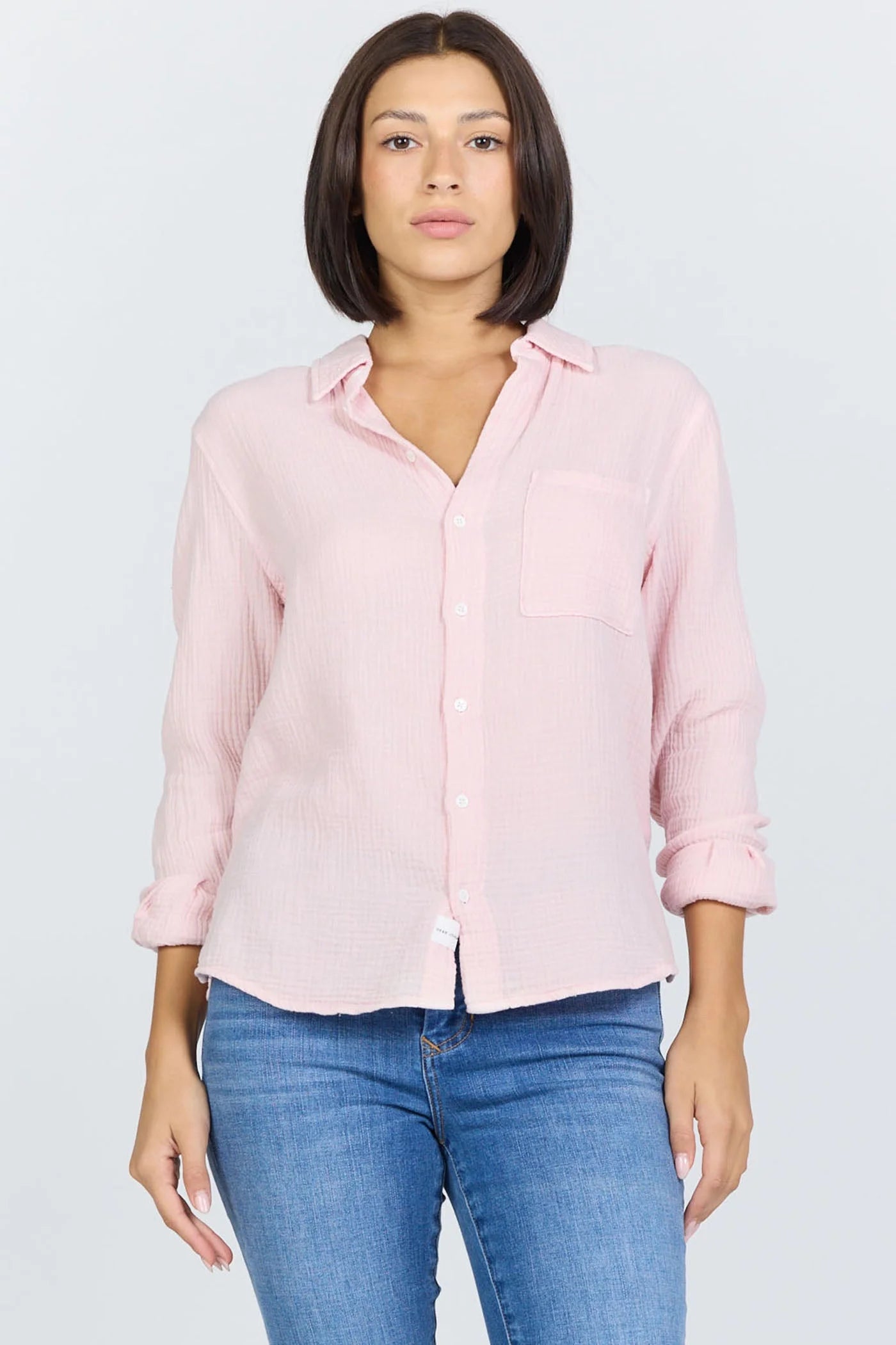 pink button down top